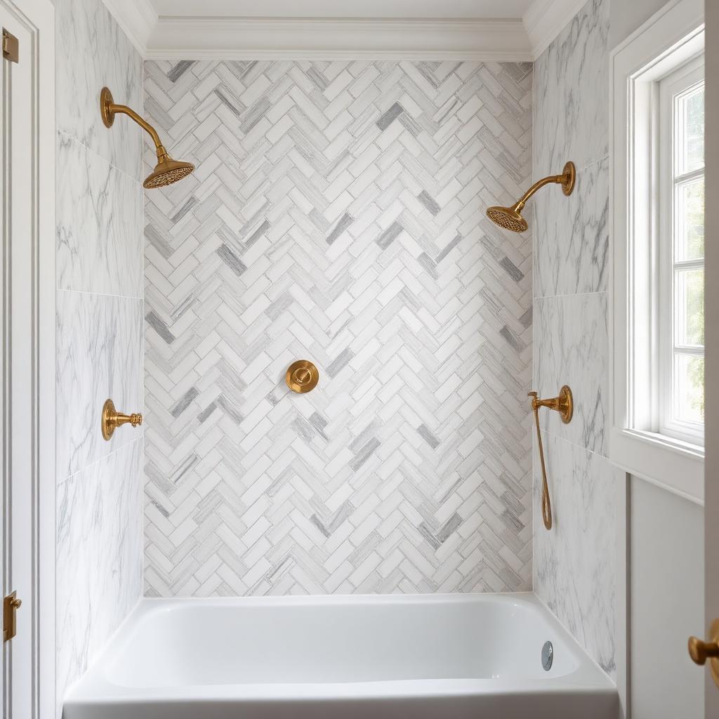 Herringbone marble shower — installed by Lowcountry Heritage in Moncks Corner, SC