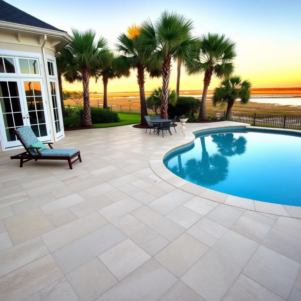 Travertine-look pool deck — installed by Lowcountry Heritage in Daniel Island, SC