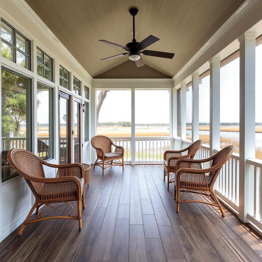 Wood-look plank screened porch — installed by Lowcountry Heritage in Bonneau, SC